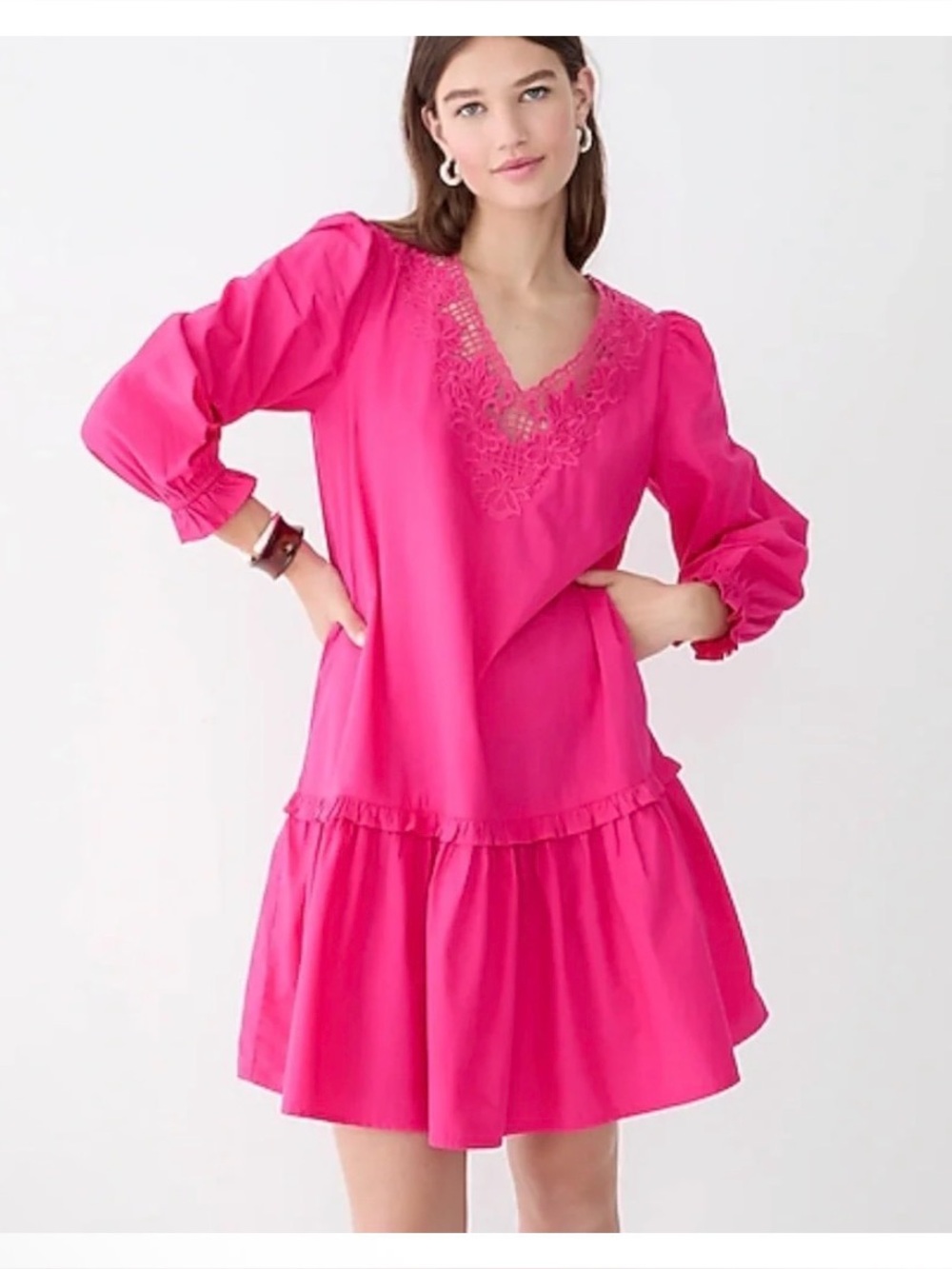 J. Crew Pink Embroidered V-Neck Long-Sleeve Dress
